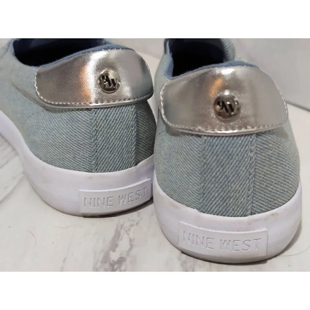 Nine West Women's Blue Denim Slip-On Sparkle Embellished Toe Sneakers Size 8